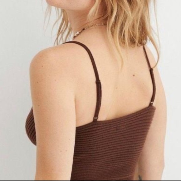 Aerie Women L Brown Ribbed Knit Wool Blend Crop Cross Front Sweater Tank Top NWT - Picture 2 of 14